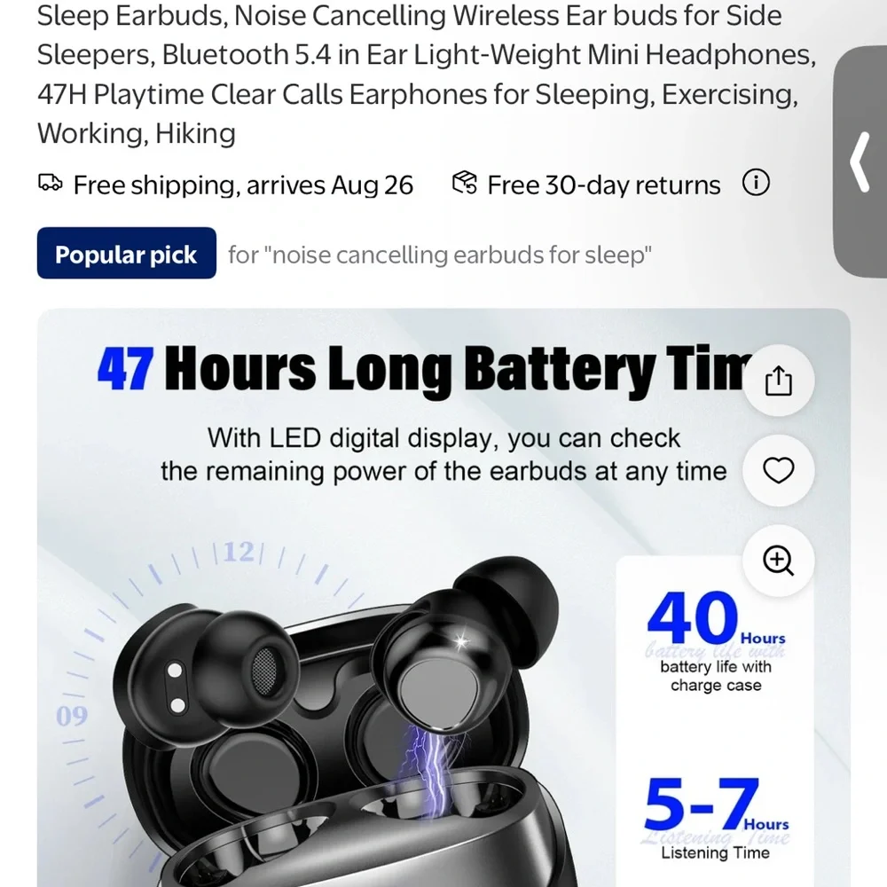 Wireless Black Earbuds with Charging Case- great for side sleepers! NWT!